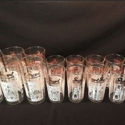 1950s Anchor Hocking glassware Gold n White Pennsylvania Dutch Collection. Tall Tumblers and Juice Glasses.  Antique classics.  SEE FULL AD BELOW
