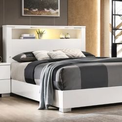 White Queen Size Bed - Bookshelf Headboard With Lighting