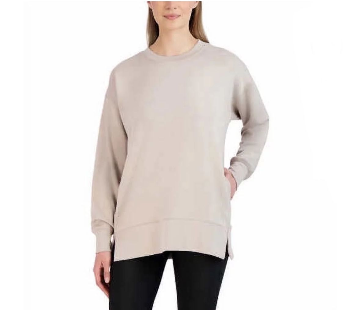 Sage Ladies' Crew Neck Scuba Cozy Top with Side Pockets, Tan Large New with Tag