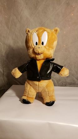 Vintage motorcycle LOONEY TUNES PORKY PIG BIKER MOTORCYCLE JACKET 13" PLUSH STUFFED ANIMAL NWT 1997