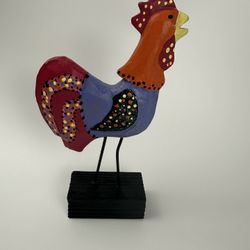 Hand painted Colorful Distressed Wood Rooster On Stand Home Decor 