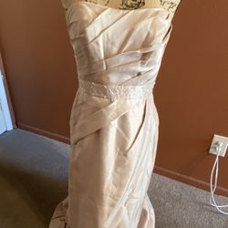 Long David’s Bridal Beige Formal Dress; size 6