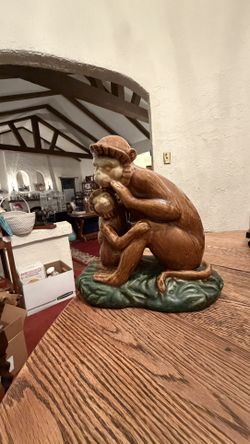 Vintage Majolica Capuchin Monkey and Baby Statue Art Pottery 10” X 10”