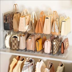 4 Pack Stackable Bag & Purse Organizer for Closet Shelf Acrylic Shelf Dividers for Closet Organization, Clear Handbag Purse Storage Organizer Divider,