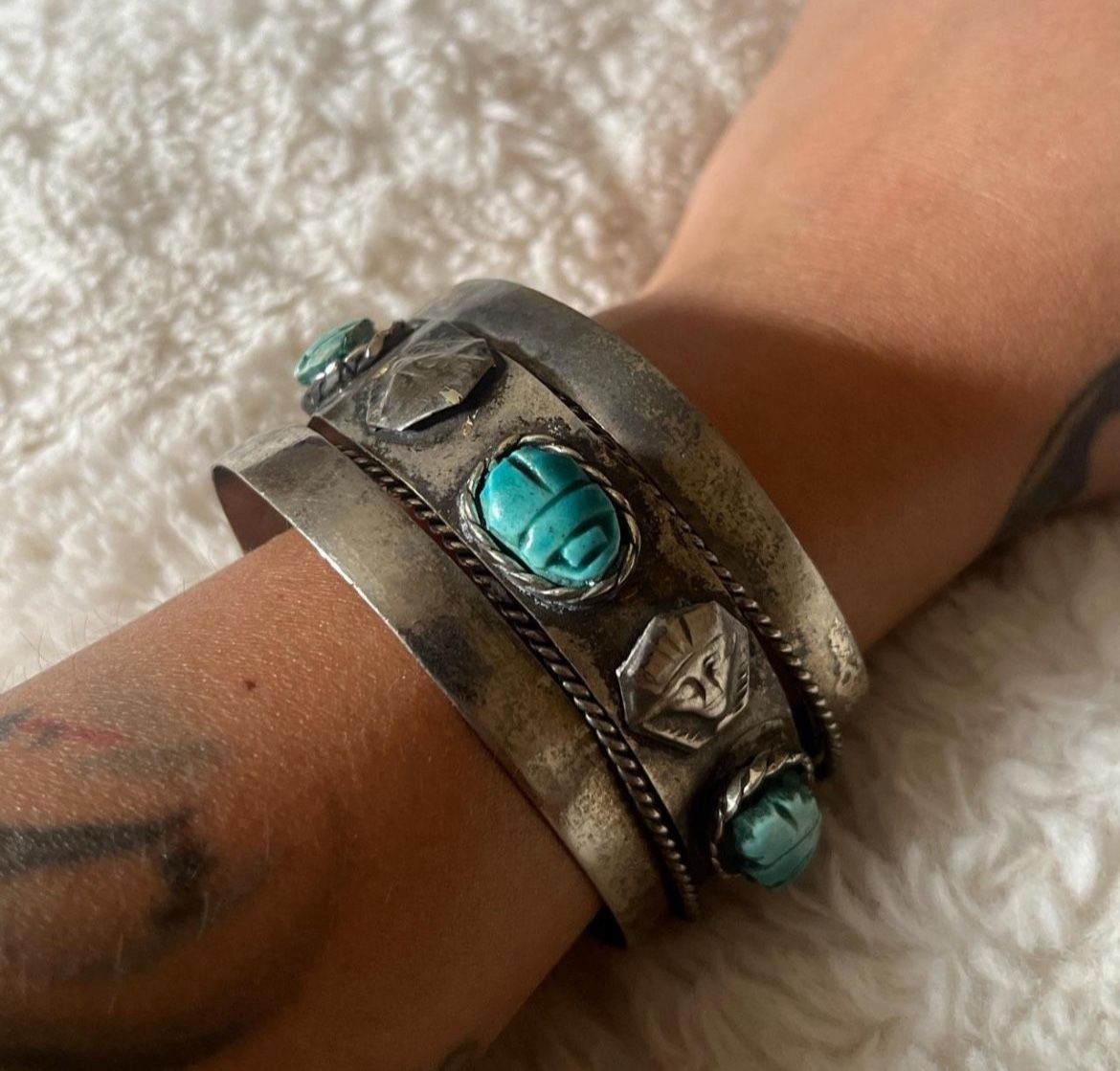 Egyptian Faience Scarab Cuff Bedouin Silver Bracelet Turquoise Stone Bead