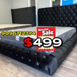 Queen Black Button Platform Bed w. Orhopedic Mattress Included 