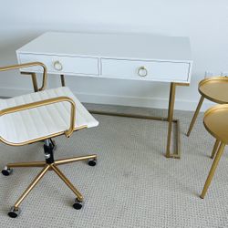 White & Gold Desk, Chair And Side Tables