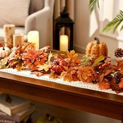 2 Fall Garland for Mantle, 6 FT Fall Garland with Lights , Fall Leaves Pumpkin Garlands