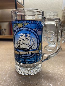 Vintage Colonial Beer Mug featuring a "Boston" lighthouse nautical design