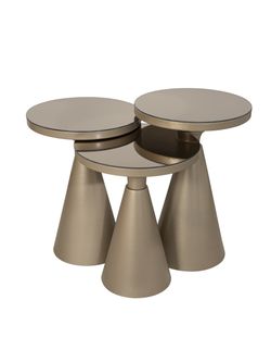MİDAS Set of 3 Antique Gold Side Tables, Bronze Mirror Tops, Electrostatic Powder Coated Metal,