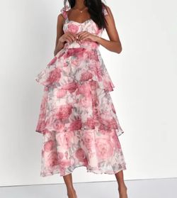 Lulus Playfully Posh Blush Floral Organza Tie-Strap Tiered Midi Dress