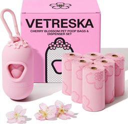 VETRESKA Dog Poop Bag Dispenser with Cherry Blossom Scented Poop Bags, Leak Proof and Extra Thick Pet Waste Bags, 1 Poop Bag Holder and 105 Bags for D
