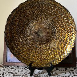 DECO 79  Light & Dark Brown Tree Ring Design Braided Glass Bowl MI Turkey 16”Wx3”H
