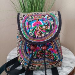 $15 Vintage Unique Cute Canvas Backpack Purse With Colorful Floral Embroidery, Perfect Condition 