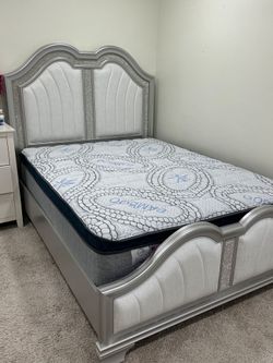 Silver Upholstered Bed Frame with Mattress