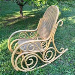 Antique Mid Century Thonet Style Rocker Bentwood Cane BoHo Rocking Chair