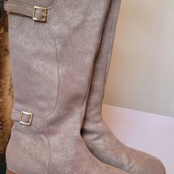 Jimmy Choo Gold Leather Tall Fur Lined Flat 1" Heel Boots