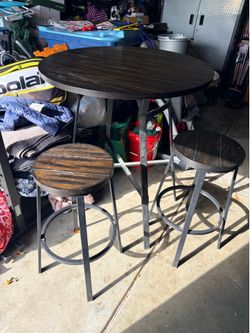 3-Piece Round Pub Table Set w/ 2 Stools, Metal Frame, Dark Wood, Black