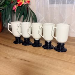 Set of 5 Vintage Hall Pottery White & Black Pedestal Irish Coffee Mugs #1272 USA