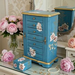 Upcycled Vintage Wooden Jewelry Armoire – Turquoise & Soft Pink Floral Cottagecore Beauty Bonus trinket box