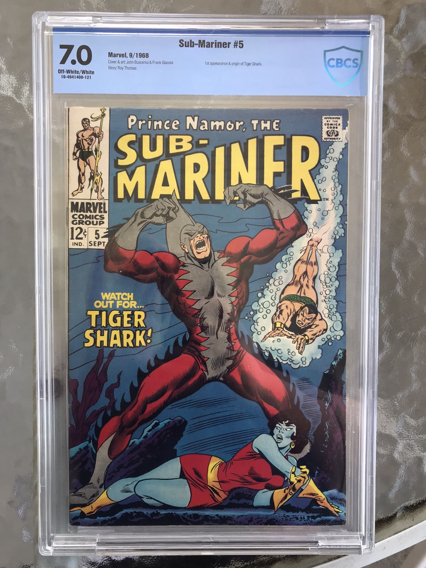 Sub-Mariner #5 (1968) CBCS 7.0 — O/w to White; 1st & Origin Tiger Shark; CGC