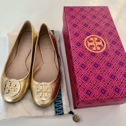 Tory Burch Women’s Size 7.5 Saharan Gold Reva Ballet/Flat Shoe Gold Metal Logo. With Dust Cover And Box. My Price Is FIRM