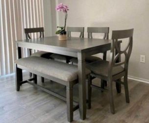✅️✅️6 pc bridget ii grey finish wood dining table set padded seat chairs and bench✅️✅️✅️