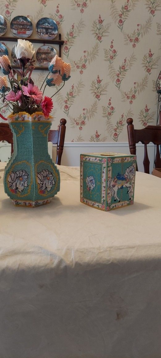 Handmade Carousel Horse Vase And Tissue Box Cover With Flowers