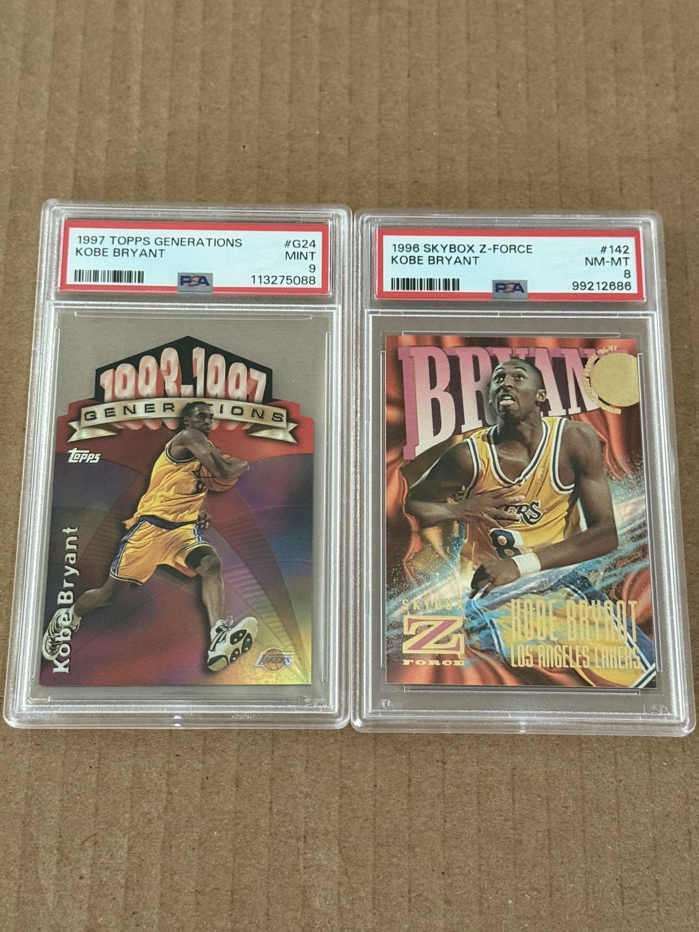 “KOBE BRYANT” Lot: (2). 1997 Topps Generations  Die-Cut #G24.    PSA 9 MINT!!!+++ 1996-97 Skybox Z Force #142 “Kobe Bryant” (RC) PSA-8.NM/M!!!😎