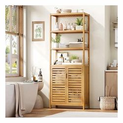 Bathroom Floor Cabinet with 2 Door & 4-Tier Open Shelves, Corner Tall Cabinets Freestanding Organizer Unit for Bath