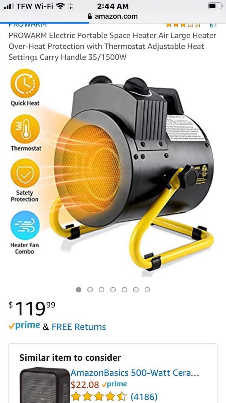 PROWARM Electric Portable Space Heater Air Large Heater Over-Heat Protection with Thermostat Adjustable Heat Settings Carry Handle 35//1500W