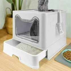 XPET124-GY Cat Litter Box Enclosed Kitty Toilet Box with Trays Skylight Door Smelless Large