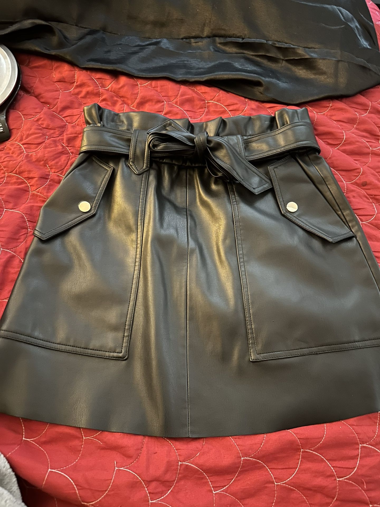 Zara Faux Leather Paperbag Bow Tie Skirt Size XS