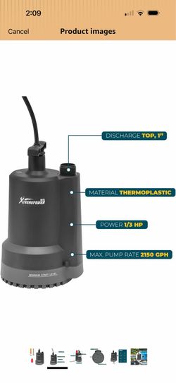 XtremepowerUS 2150GPH Thermoplastic Submersible Utility Pump with 10ft Cord, 1/3 HP for Swimming Pool Garden Pond Basement Draining  3 40$