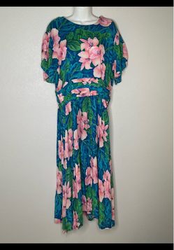 Vintage Blue Floral Rayon Day Dress Ruching Detail Caroline Wells Size 16