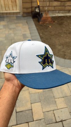 Seattle Mariners 7/5 white hat, blue bill, yellow under brim 50th all star game side patch