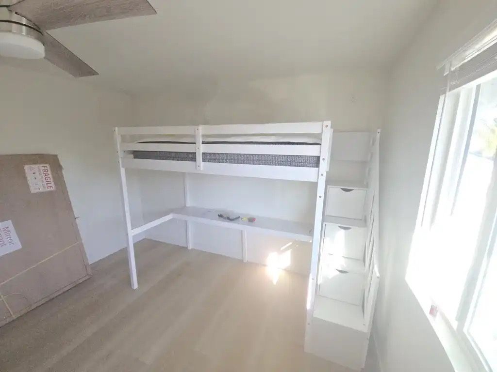 White Wood Twin Loft Bed w/ Desk And Stairs