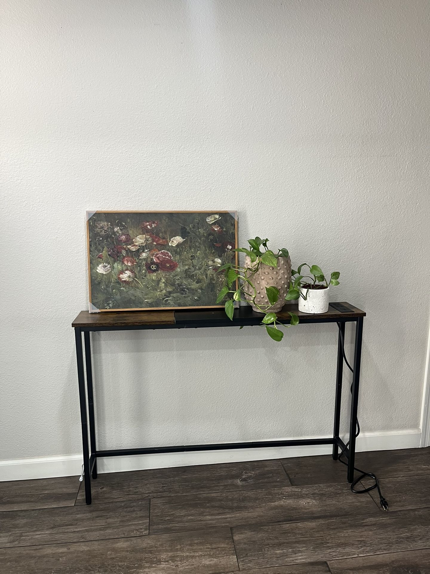 Entryway Narrow Console Table Brown Black Power Outlet Behind Couch Table