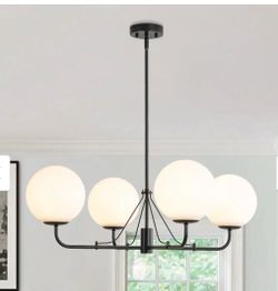 Modern Opal Glass Globe Quadra Dining Chandelier - Matte Black - brand new