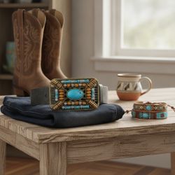 New Unisex Black Tooled Western Wear Belt With Faux Turquoise/Wood Belt Buckle