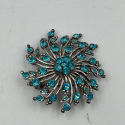 Vintage Silver-tone Brooch w/ Floral Pinwheel Design Featuring Aqua Blue Rhinestones