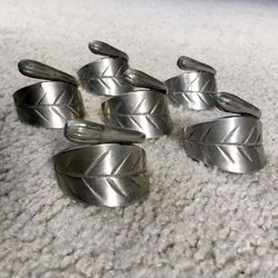 Lot of 6 Vintage Pewter Spiral Leaf Napkin Ring Holders - Matching Set of 6!!