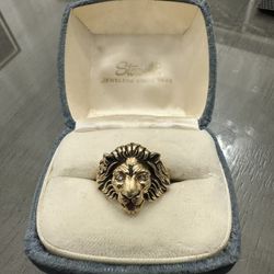 Solid 14k Yellow Gold Lion Head Ring Diamond Ruby Size 9.5