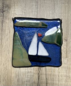 Fused Glass Sailboat Sun Catcher Wall Decor Nautical Ocean Beach 4” Square