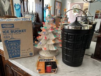 Vintage Atomic MCM Ice Bucket,  Lustro Ware Black Geometric Cube Lidded Barware