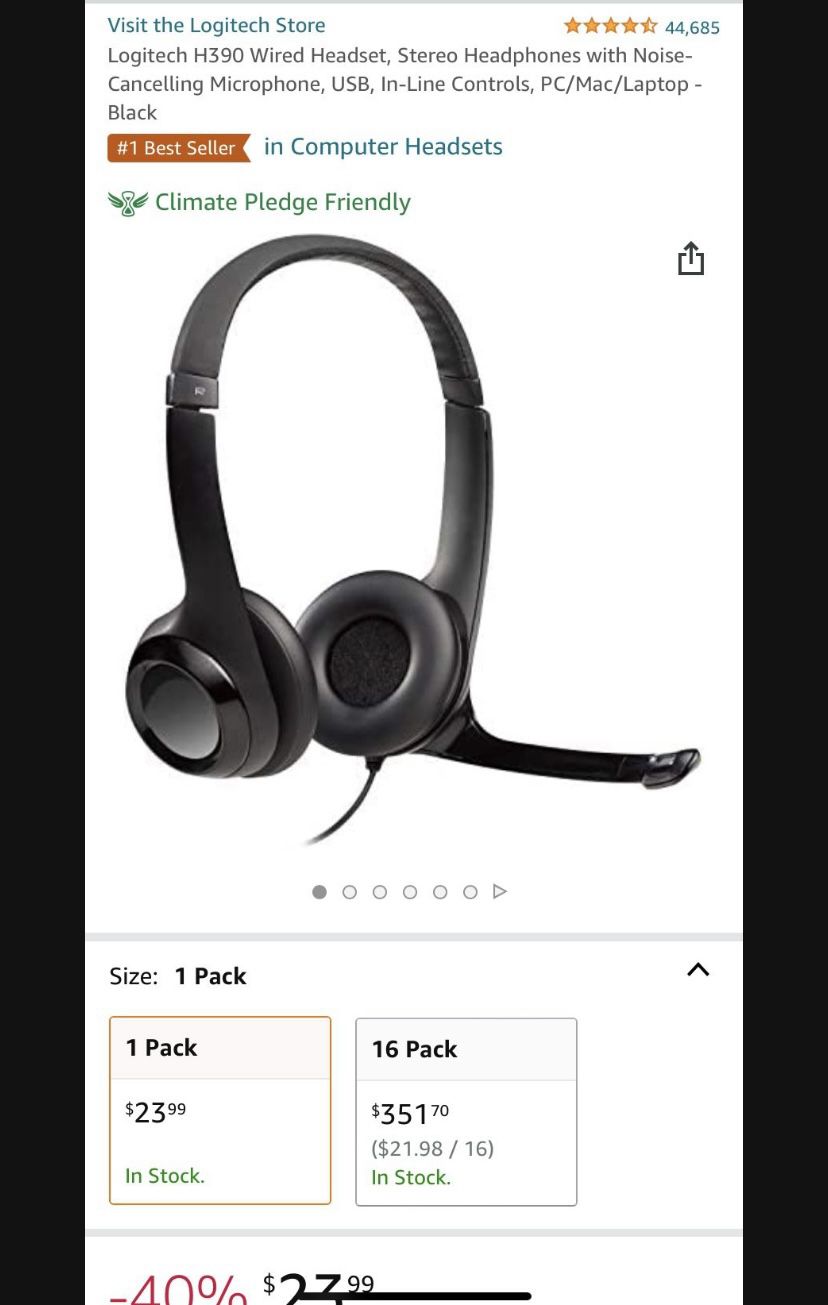 Logitech H390 Wired Headset, Stereo Headphones with Noise-Cancelling Microphone, USB, In-Line Controls, PC/Mac/Laptop - 