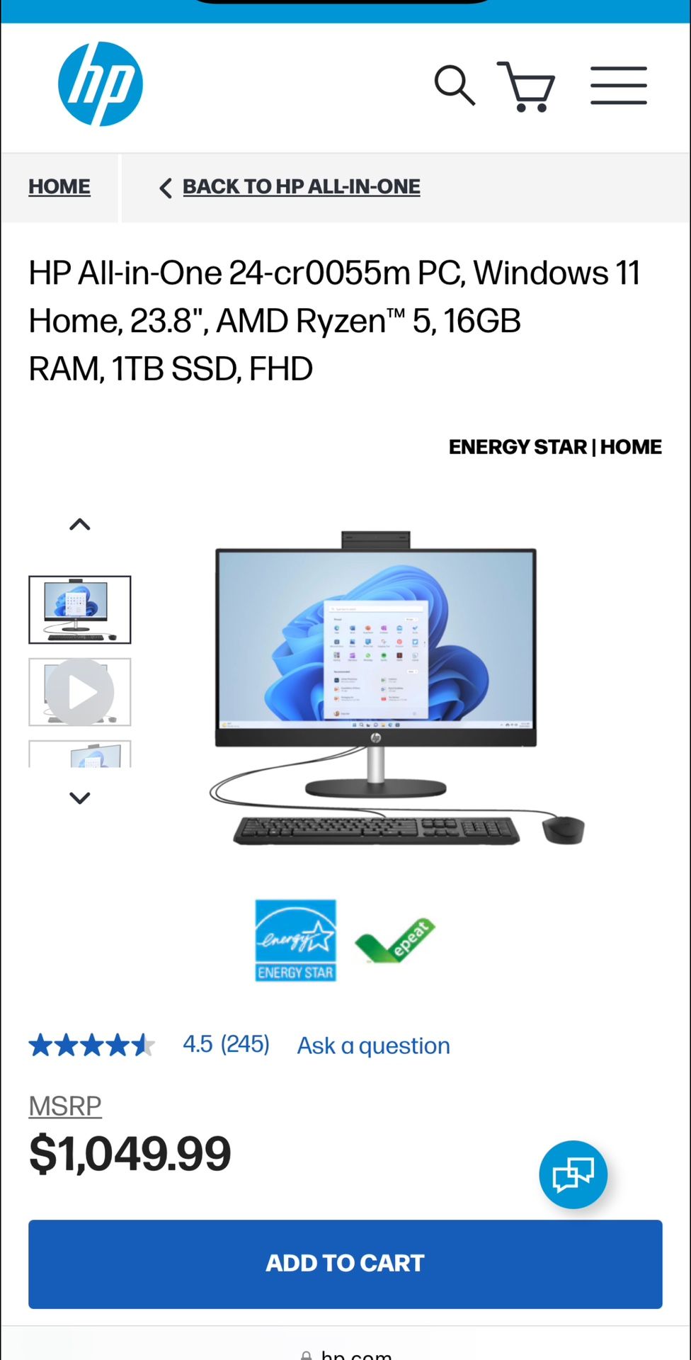 HP All-in-One 24-cr 0055m PC, Windows 11 Home, 23.8", AMD Ryzen™ 5, 16GB RAM, 1TB SSD, FHD ENERGY STAR |