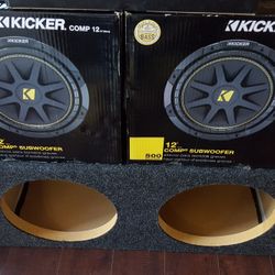 2 12" KICKER SUBWOOFERS AND BOX