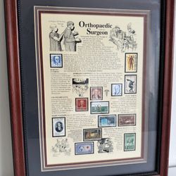 RARE VINTAGE ORTHOPEDIC SURGEON STAMP COLLECTION AND HISTORY FRAME PERFECT GIFT FOR ANY OCCASION