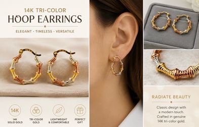 14K Real Tri Color Gold Hoop Earring Arracadas de Oro